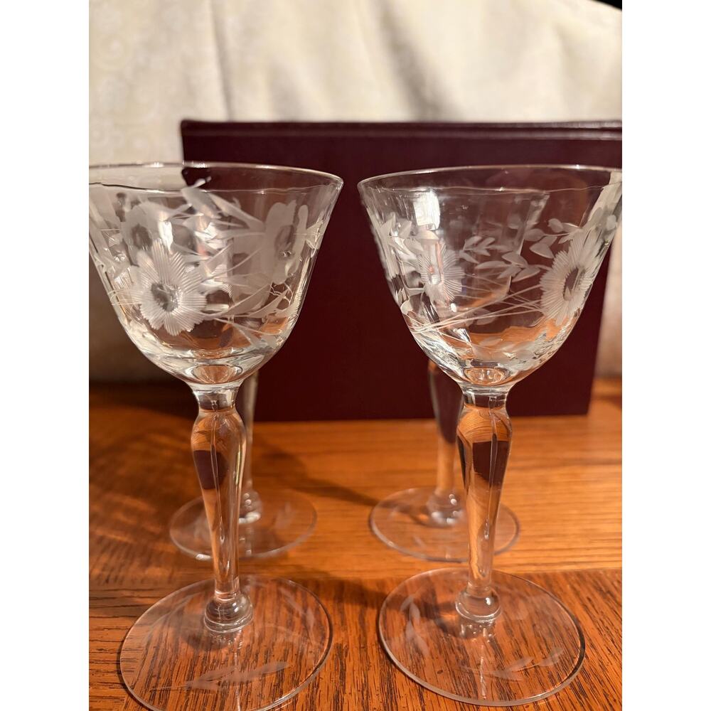 Vintage‎ Floral Etched Cordial Glasses Set of 4- MCM Barware